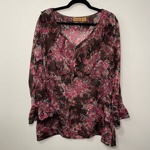 Wrangler women's Black purple Floral sheer baby doll Y2K ruffle sleeve blouse XL